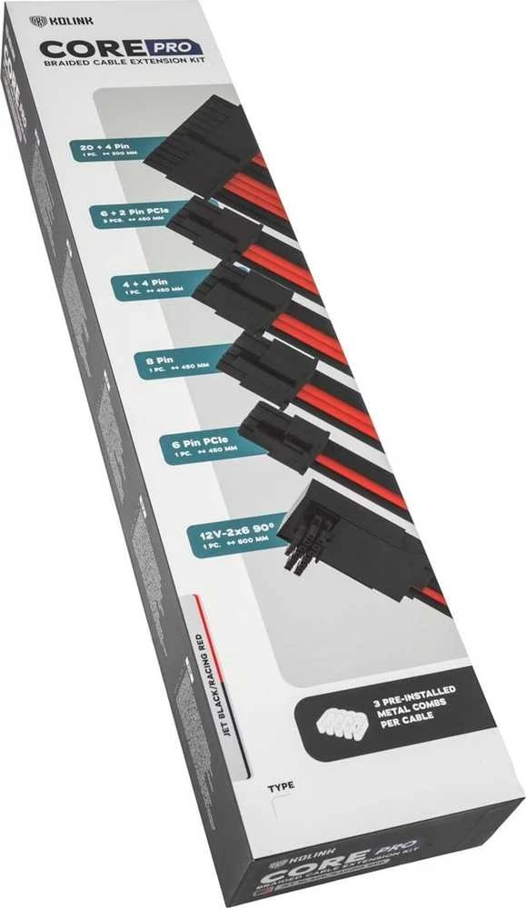 Kolink Core Pro Braided Cable Extension Kit 12V-2×6 Type 2 – Jet Juodas/Racing Raudona