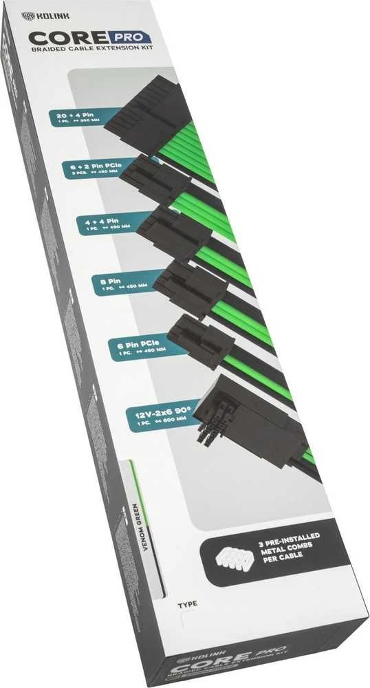 Kolink Core Pro Braided Cable Extension Kit 12V-2×6 Type 1 – Venom Žalias