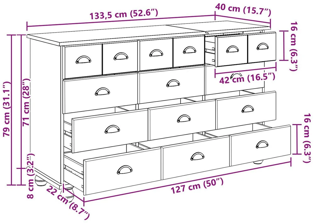 Komoda ASKIM Ruda 79 x 40 x 133,5 cm Kietos pušies mediena