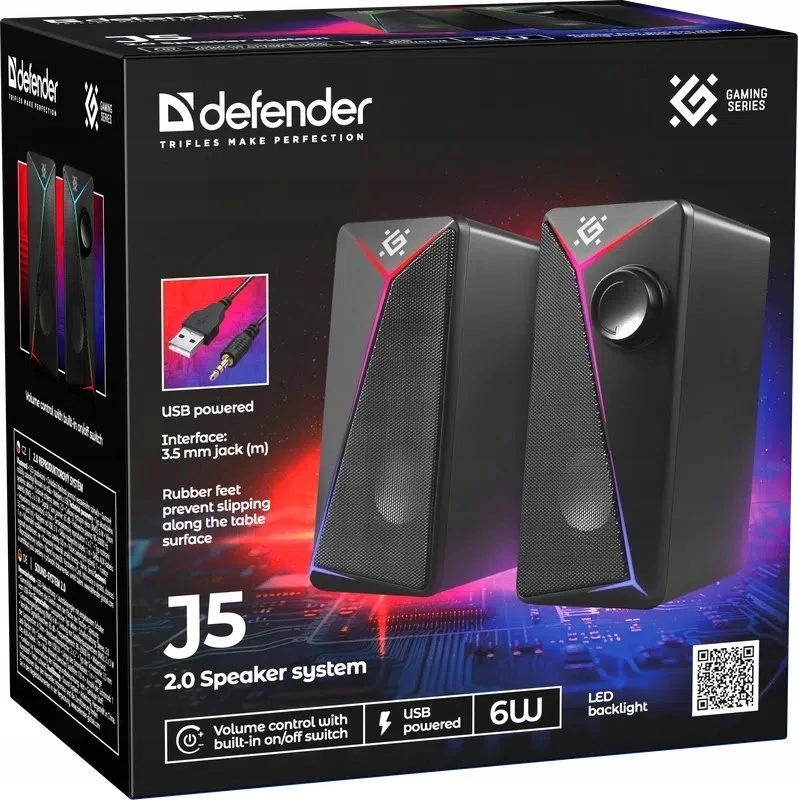 Kompiuterio kolonėlės „Defender J5 2.0 6W“ USB kompiuterio garsiakalbiai su RGB LED foniniu apšvietimu (65975)
