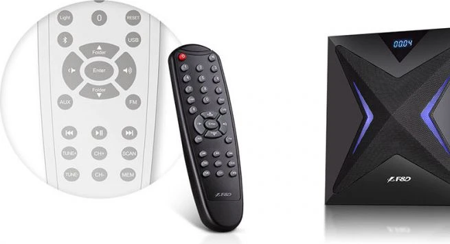 Kompiuterio kolonėlės Fenda F&D F550X 2.1 daugialypės terpės garsiakalbiai, 56 W RMS (14 Wx2 + 28 W), 2x3 colių palydovai + 6,5 colio žemųjų dažnių garsiakalbis, BT 5.0 / NFC / AUX / USB / FM / SD kortelių skaitytuvas / kelių spalvų LED / LED Ekranas / nuotolinio valdymo pultas /Medinis/Juodas