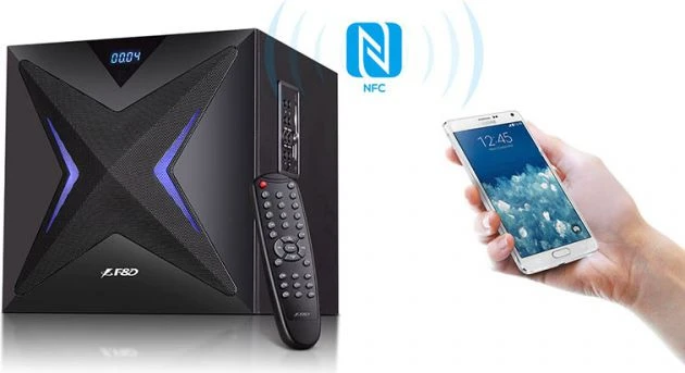 Kompiuterio kolonėlės Fenda F&D F550X 2.1 daugialypės terpės garsiakalbiai, 56 W RMS (14 Wx2 + 28 W), 2x3 colių palydovai + 6,5 colio žemųjų dažnių garsiakalbis, BT 5.0 / NFC / AUX / USB / FM / SD kortelių skaitytuvas / kelių spalvų LED / LED Ekranas / nuotolinio valdymo pultas /Medinis/Juodas