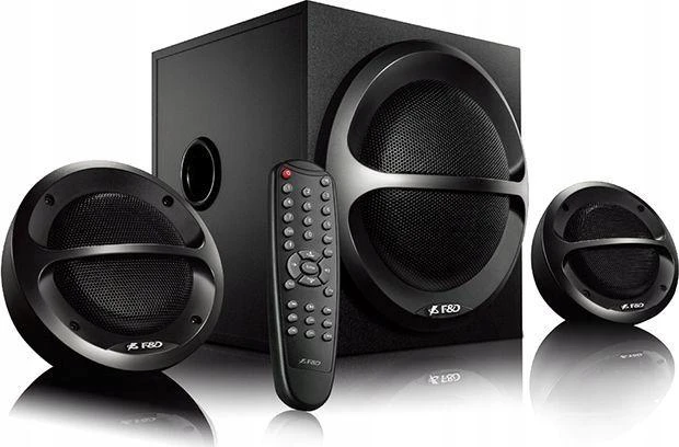 Kompiuterio kolonėlės Fenda F&D A111X 2.1 daugialypės terpės garsiakalbiai, 35 W RMS (11 Wx2 + 13 W), 2x4 colių palydovai + 4 colių žemųjų dažnių garsiakalbis, BT 5.0 / AUX / USB / FM / nuotolinio valdymo pultas / medinis / Juodas