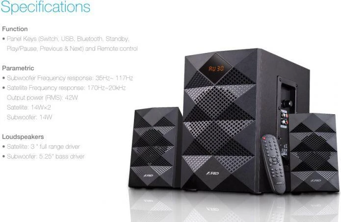 Kompiuterio kolonėlės Fenda F&D A180X 2.1 daugialypės terpės garsiakalbiai, 42W RMS (14Wx2+14W), 2x3'' palydovai + 5,25'' žemųjų dažnių garsiakalbis, BT 5.0/AUX/USB/FM/LED Ekranas/Nuotolinio valdymo pultas/Medinis/Juodas