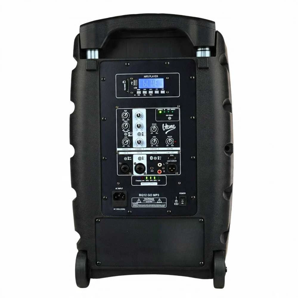 Kompiuterio kolonėlės V-TONE BQ12 GO MP3 - aktyvi 8 colių baterijomis maitinama kolonėlė su belaidžiu mikrofonu ir nuotolinio valdymo pultu, juodas