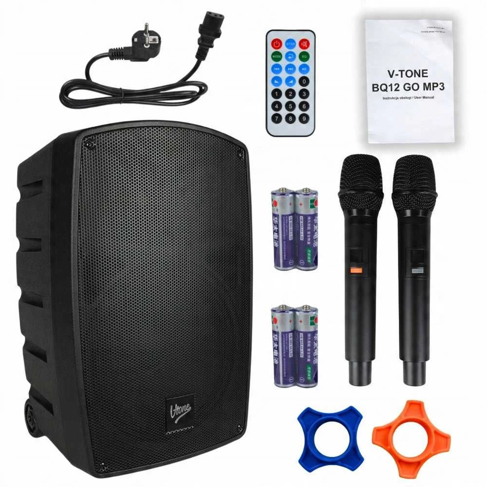 Kompiuterio kolonėlės V-TONE BQ12 GO MP3 - aktyvi 8 colių baterijomis maitinama kolonėlė su belaidžiu mikrofonu ir nuotolinio valdymo pultu, juodas