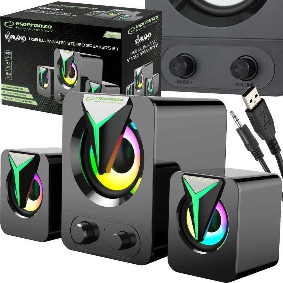 Kompiuterio kolonėlės EGS107 Esperanza garsiakalbiai 2.1 usb led vaivorykštinis sopranas