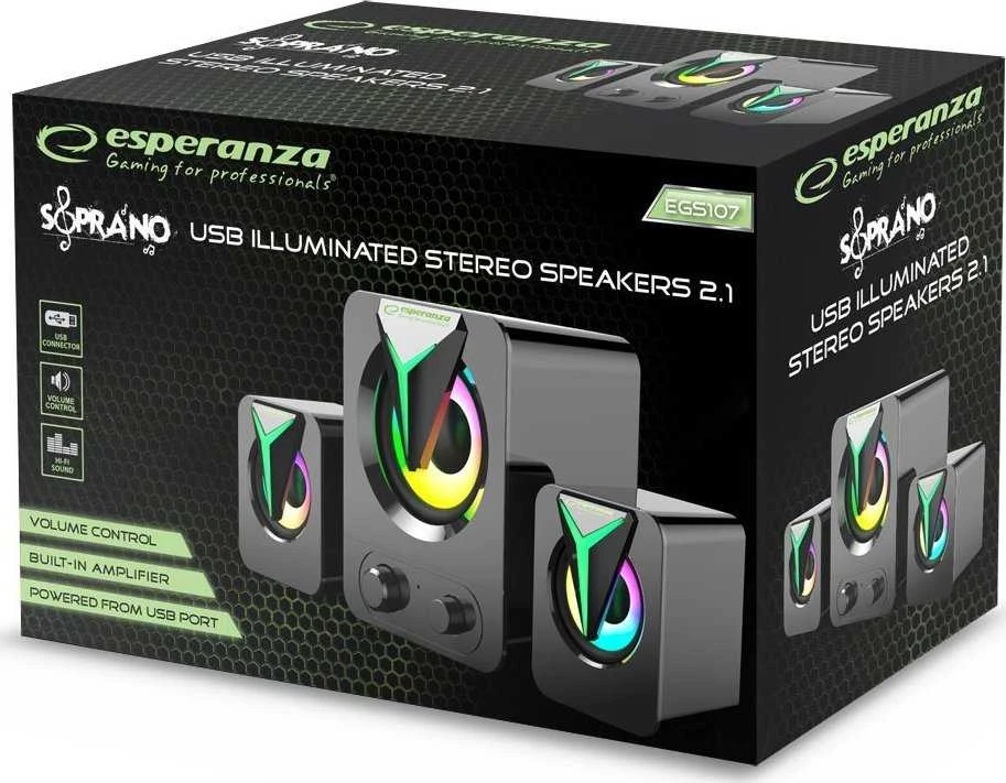 Kompiuterio kolonėlės EGS107 Esperanza garsiakalbiai 2.1 usb led vaivorykštinis sopranas