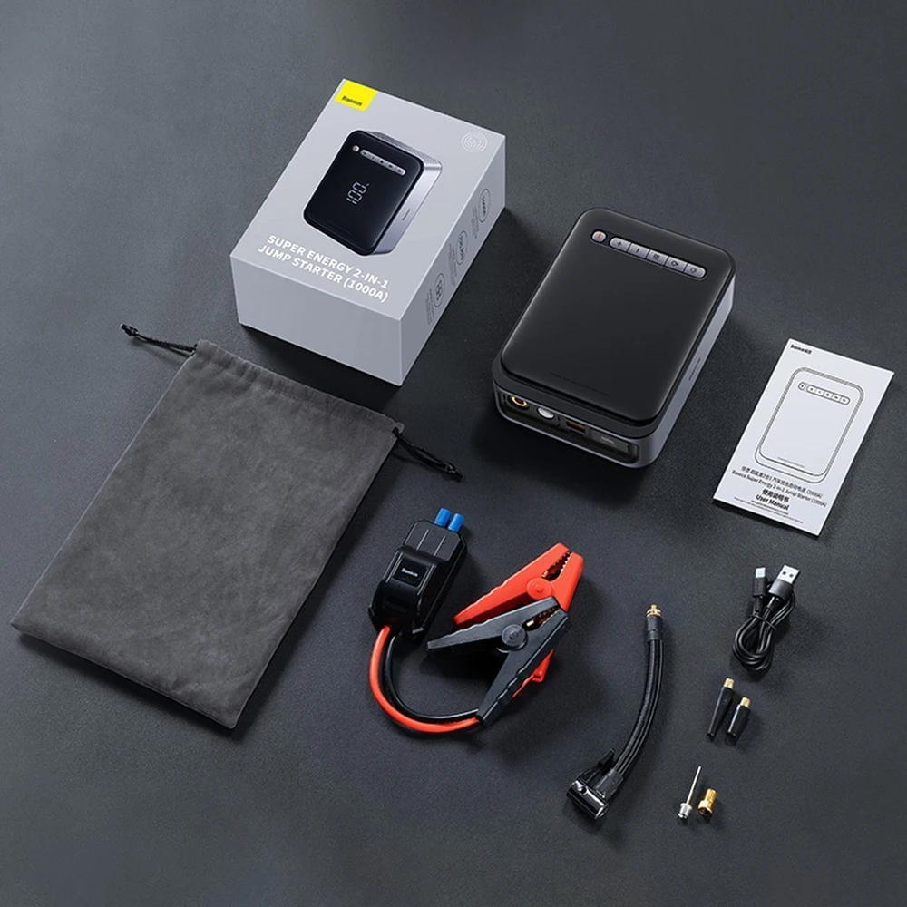 Išorinis akumuliatorius/starteris + kompresorius 2in1 Baseus Super Energy automobilinis Jump Starter, 8000mAh, 1000A USB - juodas