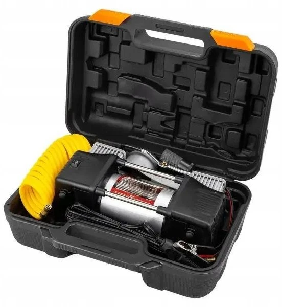 kompresorius automobilinis Forcekraft kompresorius automobilinis podwójny tłok kompresora (65l/min, 3 antgaliai, LED) 12V su lagaminu