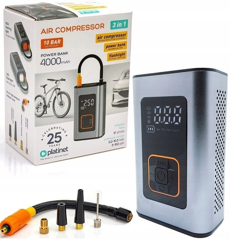 Automobilinis oro kompresorius Platinet 3in1 (4000mAh 10Bar)