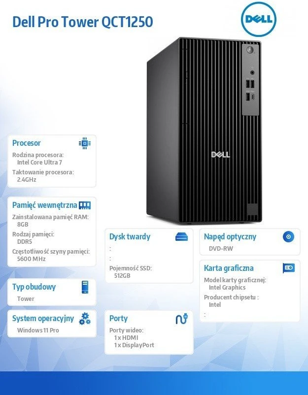 Stacionarus kompiuteris Komputer Dell Pro TOWER QCT1250, Core Ultra 7 265, 8 GB, Intel Graphics, 512 GB M.2 PCIe Windows 11 Pro