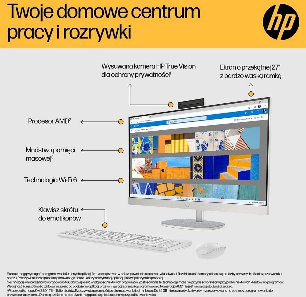 Hewlett Packard (HP) Stacionarus Kompiuteris - HP 27-cr0222nw | Ryzen 7 7730U | 16 GB | 512 GB SSD | 27" Full HD | Wi-Fi 6 | Win11 | Balta