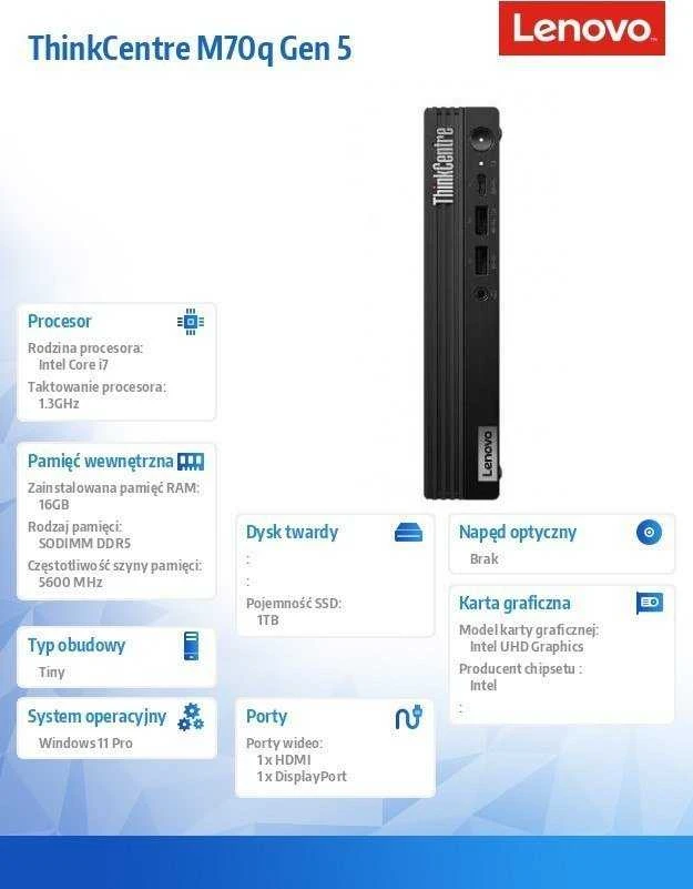 Lenovo ThinkCentre M70q Gen 5 Intel® Core™ i7 i7-14700T 16 GB DDR5-SDRAM 1 TB SSD Windows 11 Pro Mini PC Juodas