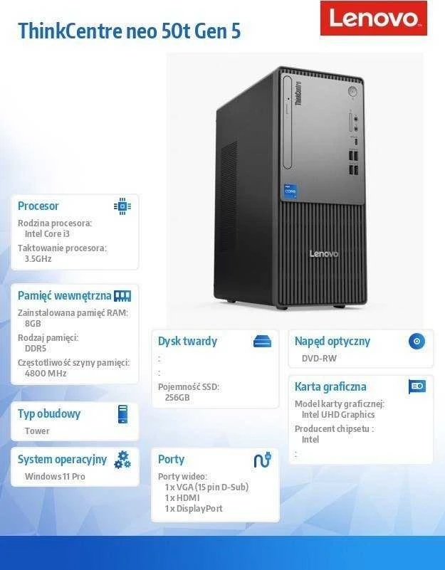 Stacionarus kompiuteris Lenovo ThinkCentre neo 50t Intel® Core™ i3 i3-14100 8 GB DDR5-SDRAM 256 GB SSD Windows 11 Pro Tower PC Juodas, Pilkas