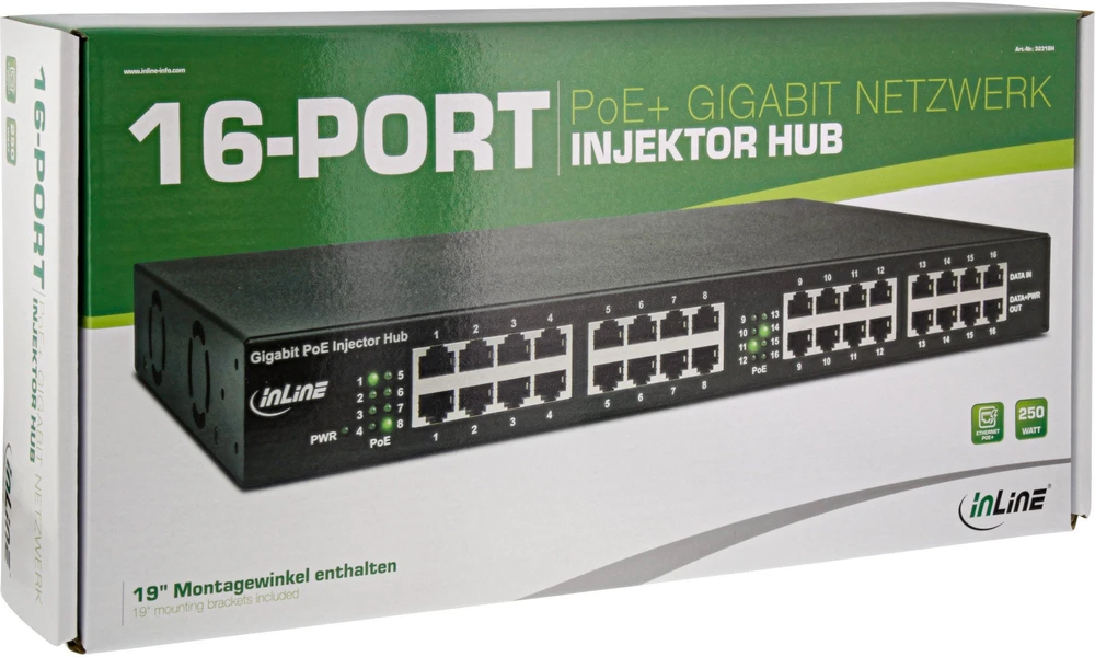 Šakotuvas Switch InLine PoE+ Gigabit tinklo injektoriaus koncentratorius 16 portų (32316H)