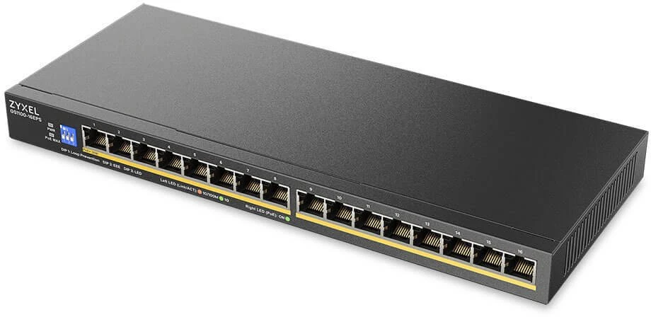 Šakotuvas Komutatorius Zyxel GS1100-16EpS-EU0101F 16p PoE 135W (PoE+:16;) nevaldomas, DIP, be ventiliatoriaus, plonas