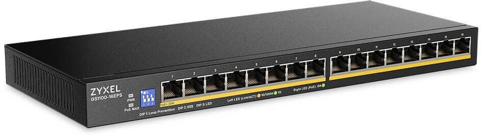 Šakotuvas Komutatorius Zyxel GS1100-16EpS-EU0101F 16p PoE 135W (PoE+:16;) nevaldomas, DIP, be ventiliatoriaus, plonas