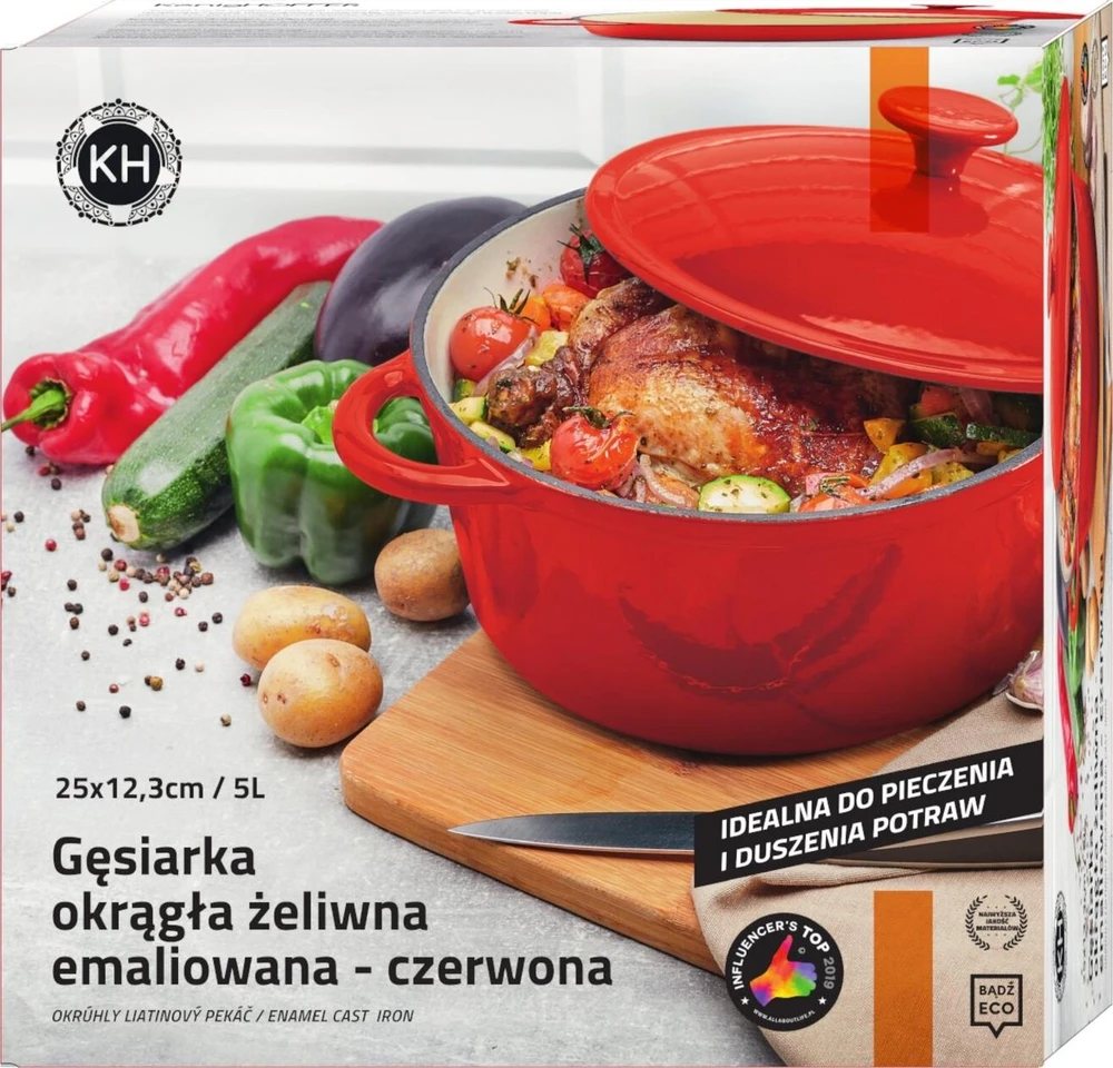 Konighoffer Ketaus puodas, emaliuota žąsų keptuvė, apvalus raudonas emalis, 5 litrai.