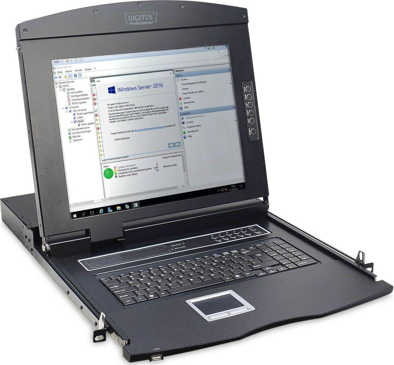 Assmann Electronic DIGITUS modulinė 48,3 cm 19 colių TFT konsolė su 8 prievadų KVM US klaviatūra RAL 9005 juodos spalvos