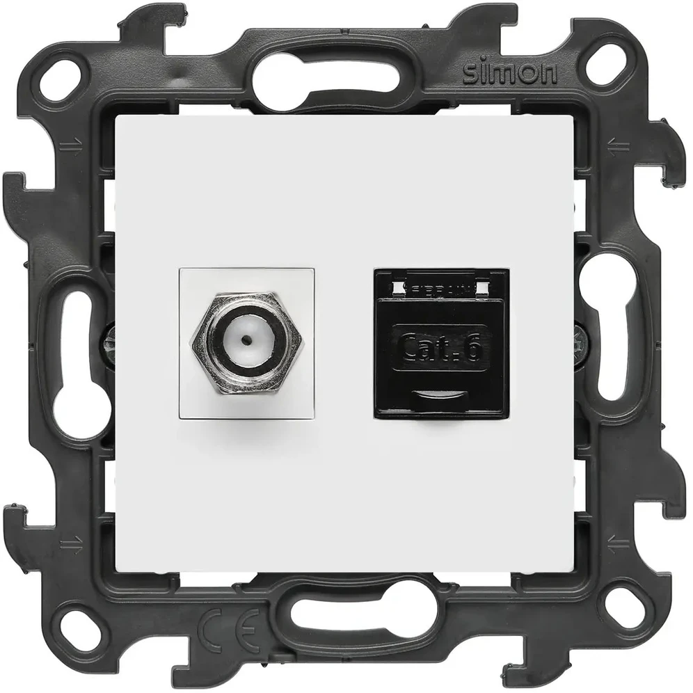 Kontakt-Simon Lizdas antenowe typu „F” + komputerowe RJ45 kat.6 Simon 24 (moduł) IP20 balta (NASFRJ45.01/11)