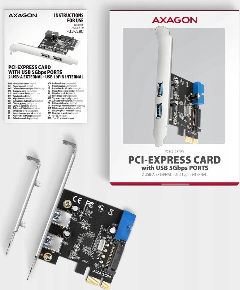 AXAGON PCEU-232RS PCIe kortelė - 2+2x USB 5Gbps prievadas, SATA maitinimas, Renesas PD720201, SP ir LP