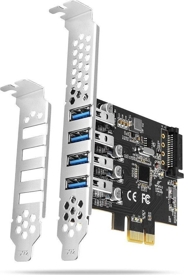 Axagon PCI-Express kortelė su keturiais išoriniais USB 3.2 Gen1 jungtys su dviguba galia. Renesas mikroschemų rinkinys. Standartinis ir žemas profilis.