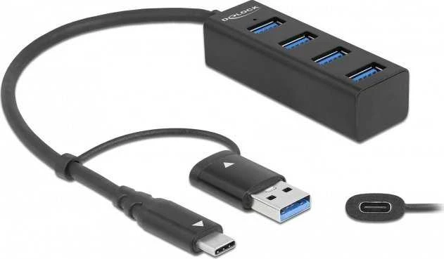 Juodas 4 prievadų USB šakotuvas su jungčių adapteriu