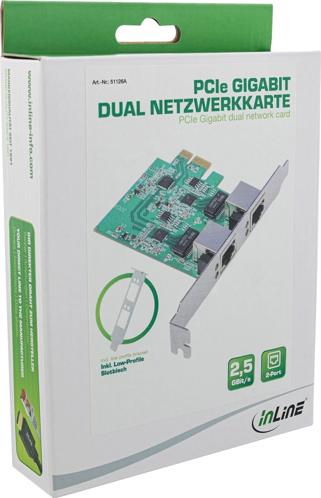 Kontroler InLine® Dual Gigabit tinklo plokštė, 1x RJ45 2.5Gb/s, PCIe x1, įsk. žemo profilio laikiklis
