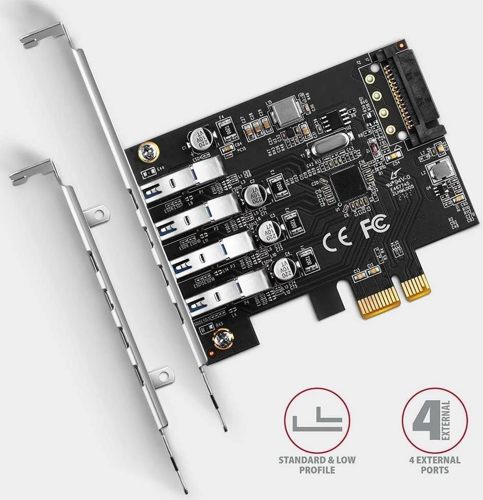 Axagon PCI-Express kortelė su keturiais išoriniais USB 3.2 Gen1 jungtys su dviguba galia. Renesas mikroschemų rinkinys. Standartinis ir žemas profilis.