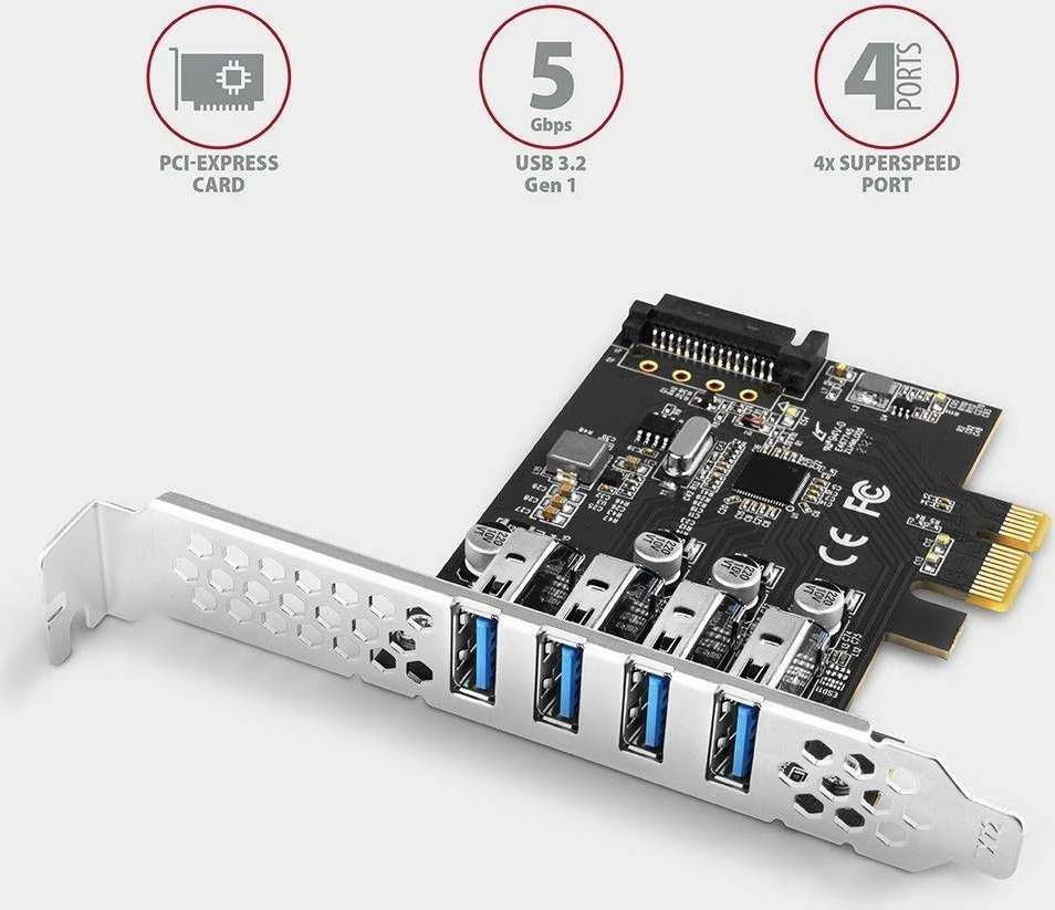 Axagon PCI-Express kortelė su keturiais išoriniais USB 3.2 Gen1 jungtys su dviguba galia. Renesas mikroschemų rinkinys. Standartinis ir žemas profilis.