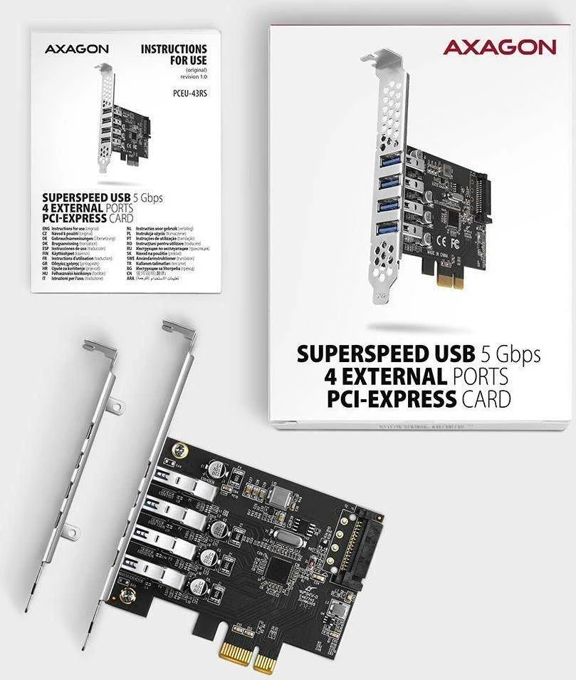 Axagon PCI-Express kortelė su keturiais išoriniais USB 3.2 Gen1 jungtys su dviguba galia. Renesas mikroschemų rinkinys. Standartinis ir žemas profilis.