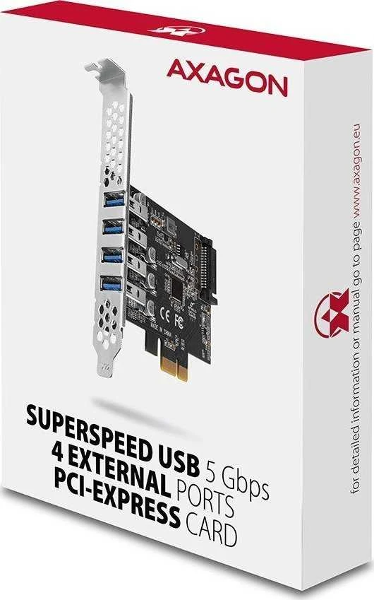 Axagon PCI-Express kortelė su keturiais išoriniais USB 3.2 Gen1 jungtys su dviguba galia. Renesas mikroschemų rinkinys. Standartinis ir žemas profilis.
