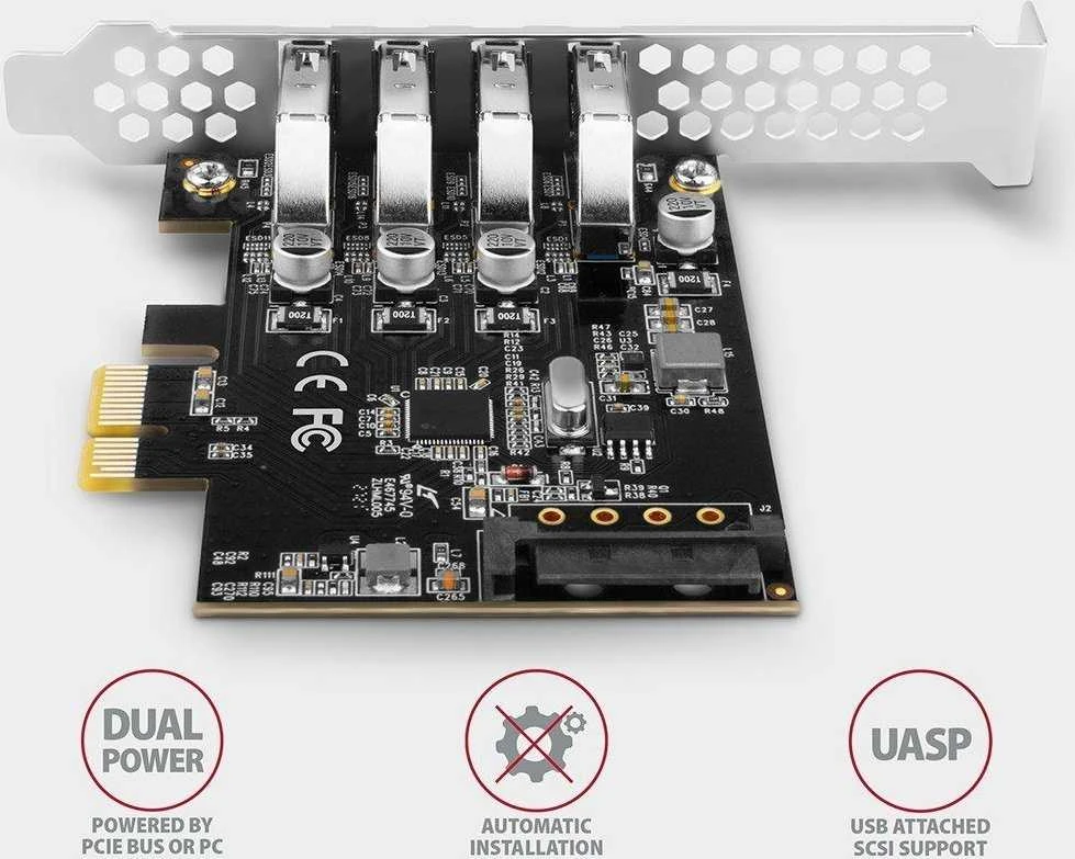 Axagon PCI-Express kortelė su keturiais išoriniais USB 3.2 Gen1 jungtys su dviguba galia. Renesas mikroschemų rinkinys. Standartinis ir žemas profilis.