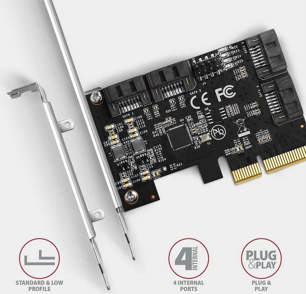 Axagon Keturių kanalų SATA III PCI-Express valdiklis su keturiais vidiniais SATA jungtys. Standartinis ir žemas profilis.