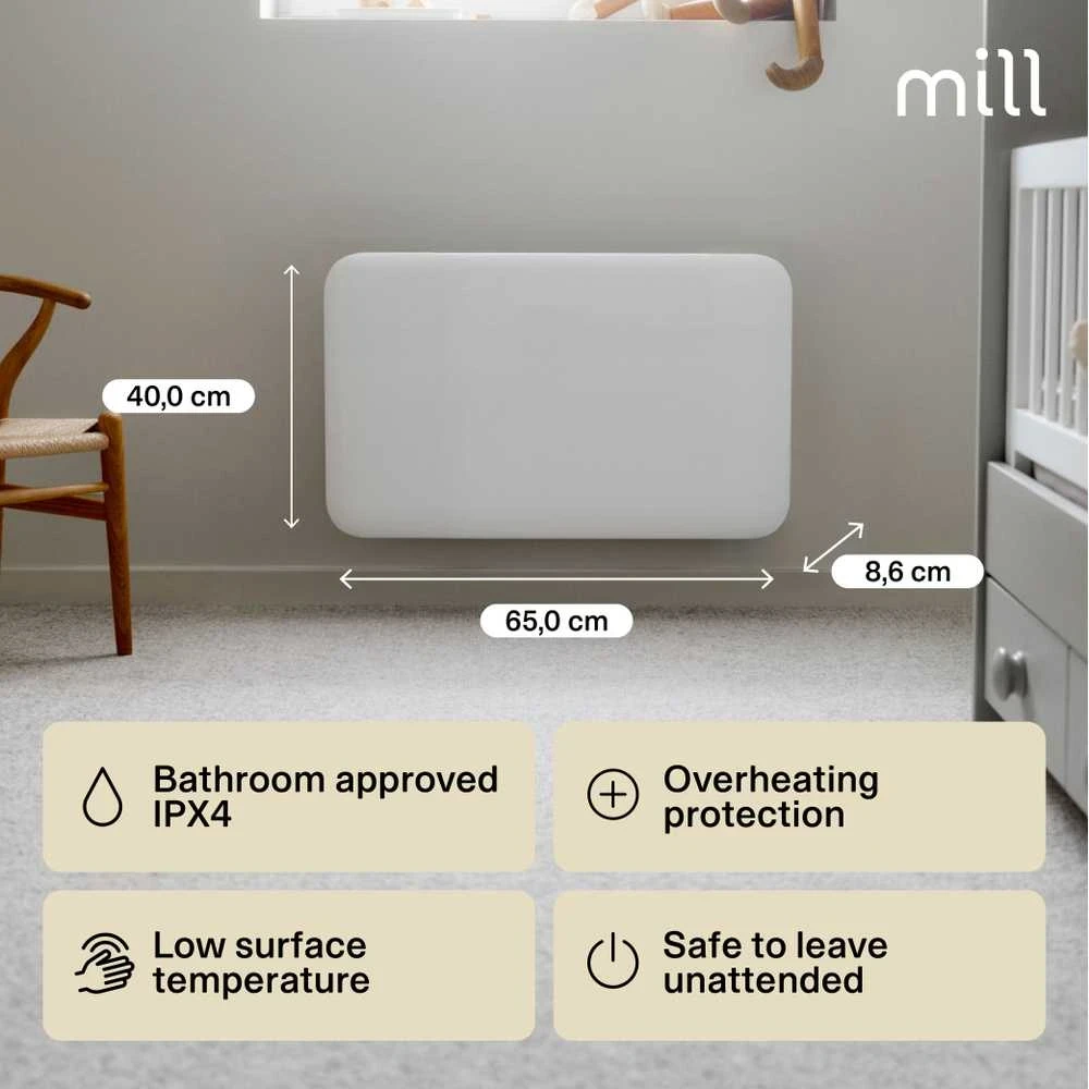 Konvekcinis šildytuvas Mill Invisible IB700DN, 700 W, skirtas 9–12 m² patalpoms, baltas, IPX4