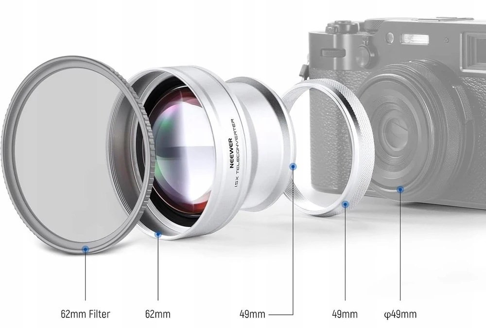 Konverteris Neewer objektyvas 1.5x telekonverteris 49 mm, skirtas „Fujifilm X100 X100v X100vi“ / / LS-61