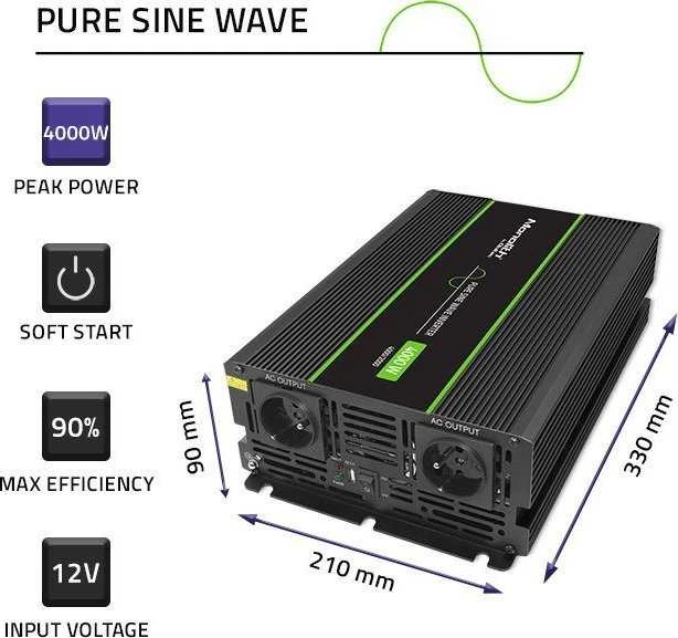 QOLTEC 51935 grynos sinusinės bangos keitiklis, monolitas / 2000 W / 4000 W / 12 V–230 V
