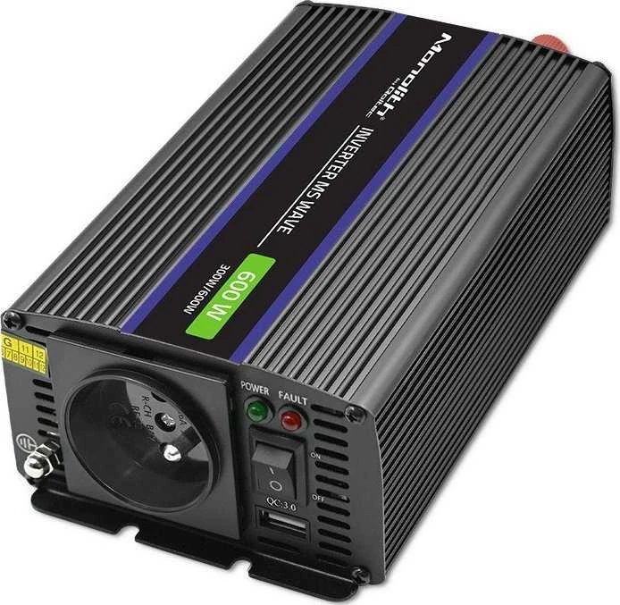 QOLTEC 51924 Monolitinis įtampos keitiklis 600 MS Wave / 12V iki 230V / 300/600W / USB