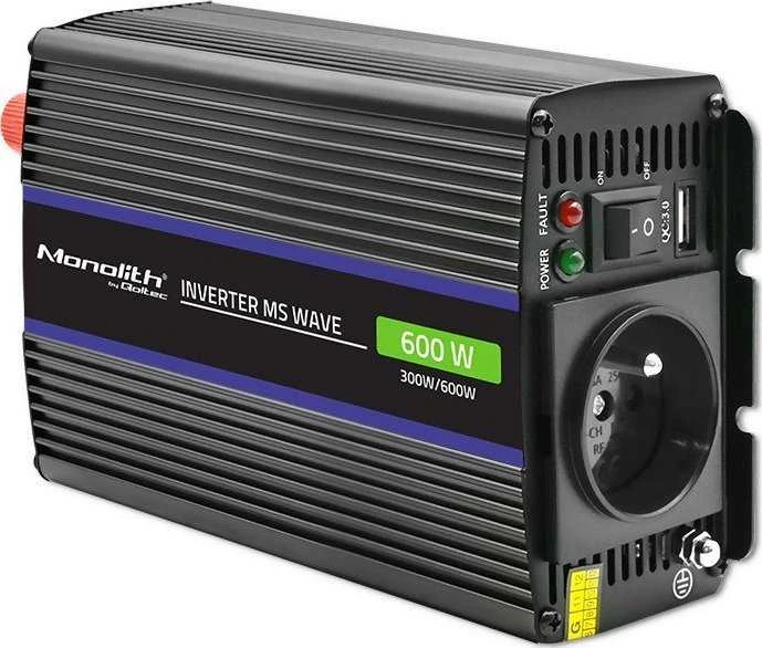 QOLTEC 51924 Monolitinis įtampos keitiklis 600 MS Wave / 12V iki 230V / 300/600W / USB