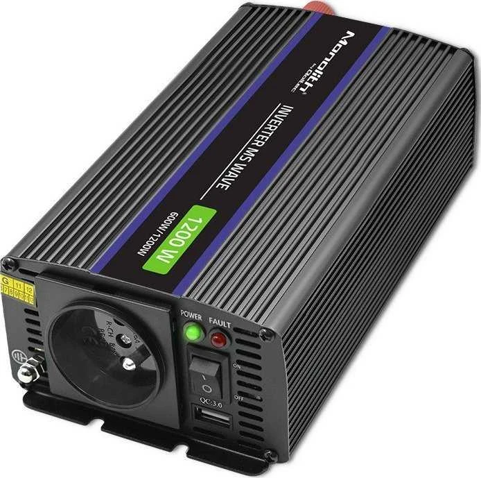 QOLTEC 51925 Monolitinis įtampos keitiklis 1200 MS Wave / 12V iki 230V / 600/1200W / USB