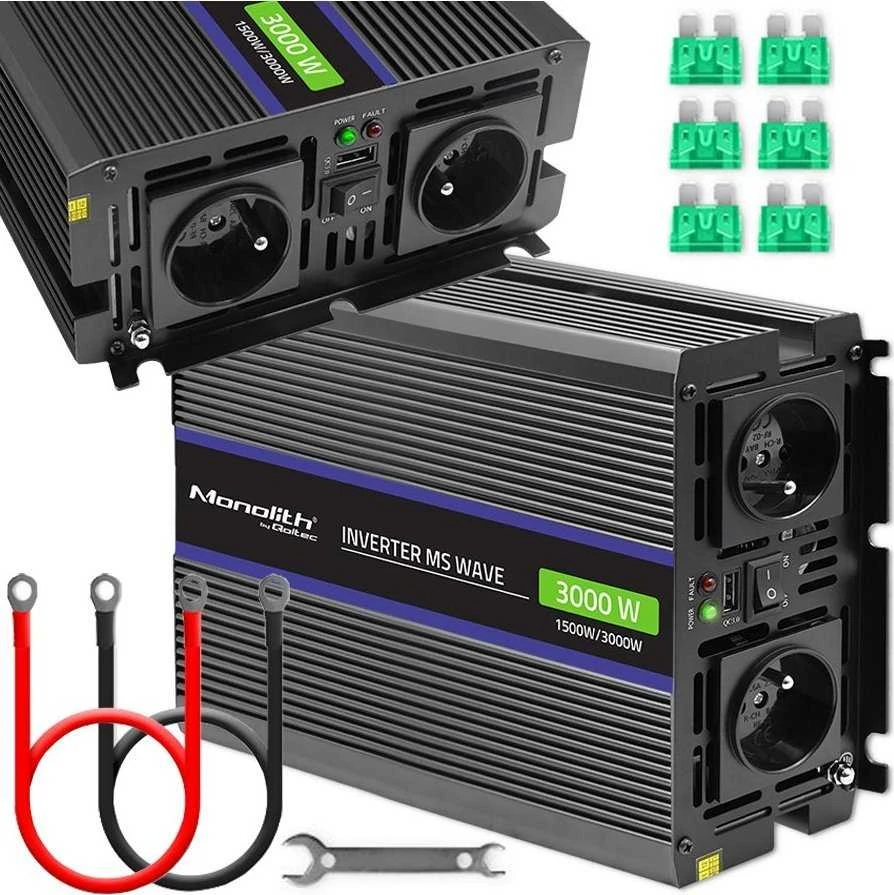 QOLTEC 51927 Monolitinis įtampos keitiklis 3000 MS Wave / 12V iki 230V / 1500/3000 / USB