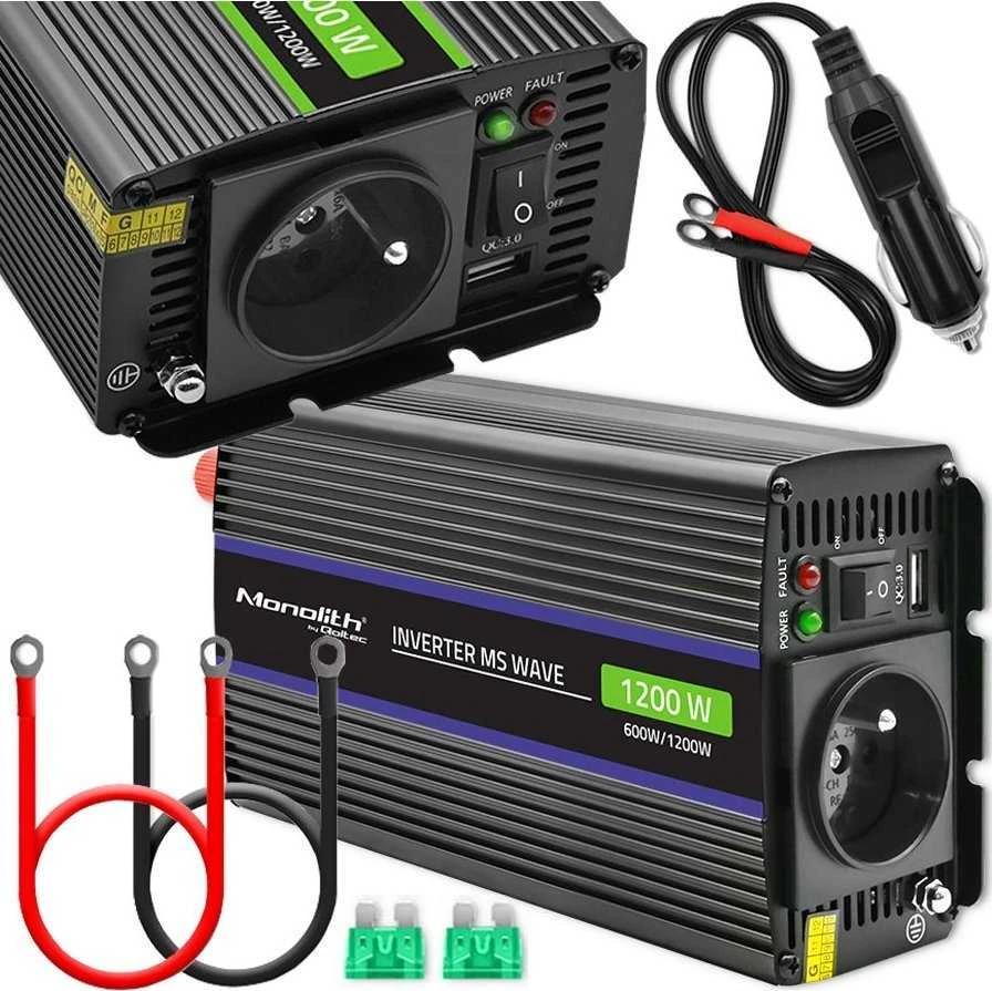 QOLTEC 51925 Monolitinis įtampos keitiklis 1200 MS Wave / 12V iki 230V / 600/1200W / USB