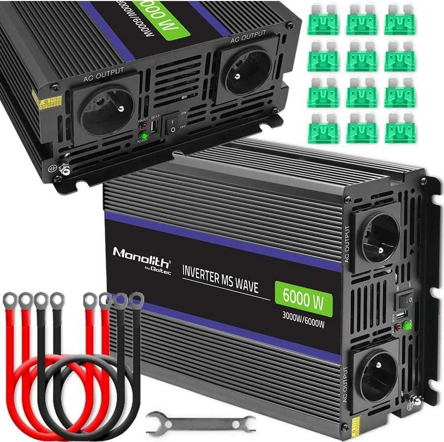 QOLTEC 51929 Monolitinis įtampos keitiklis 6000 MS Wave / 12V iki 230V / 3000/6000W / USB