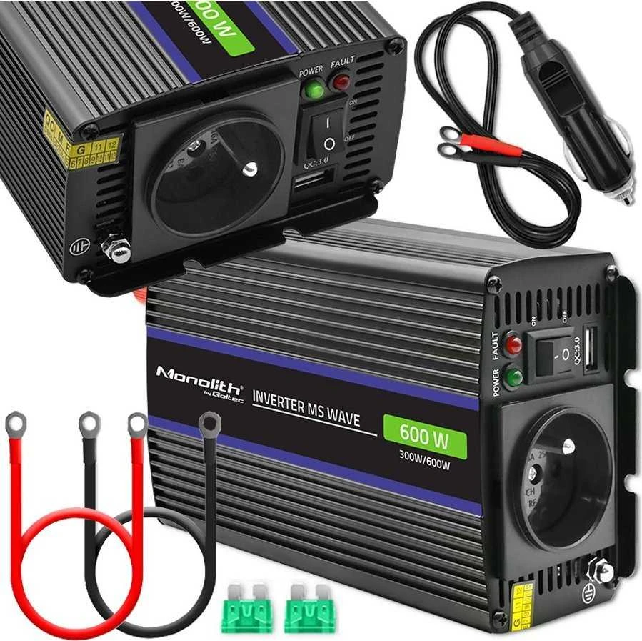 QOLTEC 51924 Monolitinis įtampos keitiklis 600 MS Wave / 12V iki 230V / 300/600W / USB
