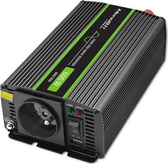 QOLTEC 51932 grynos sinusinės bangos keitiklis, monolitinis / 300 W / 600 W / 12 V–230 V