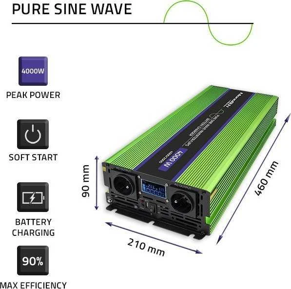 QOLTEC 51943 grynos sinusinės bangos keitiklis, monolitas / akumuliatoriaus įkroviklis / UPS / 4000 W / 2000 W / 12 V iki 230 V / LCD