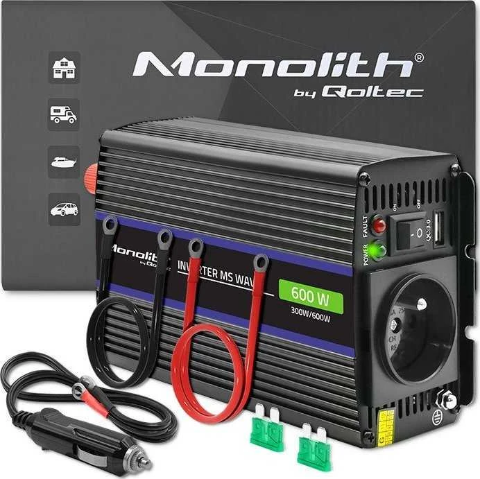 QOLTEC 51924 Monolitinis įtampos keitiklis 600 MS Wave / 12V iki 230V / 300/600W / USB