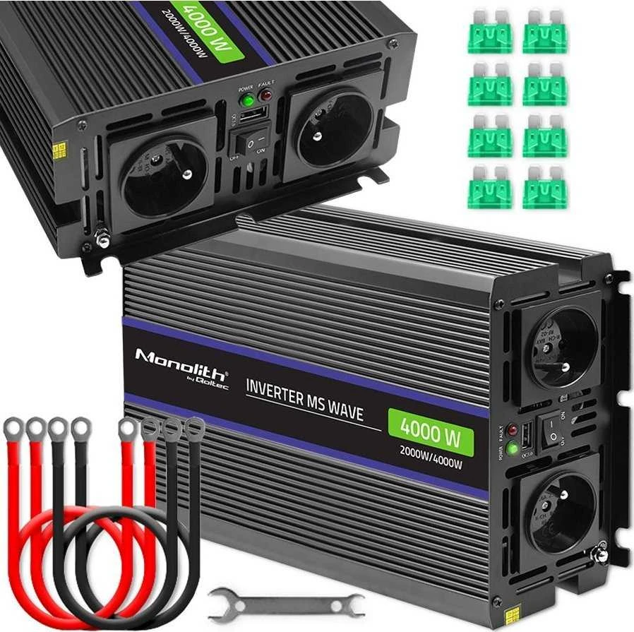 QOLTEC 51928 Monolitinis įtampos keitiklis 4000 MS Wave / 12V iki 230V / 2000/4000W / USB