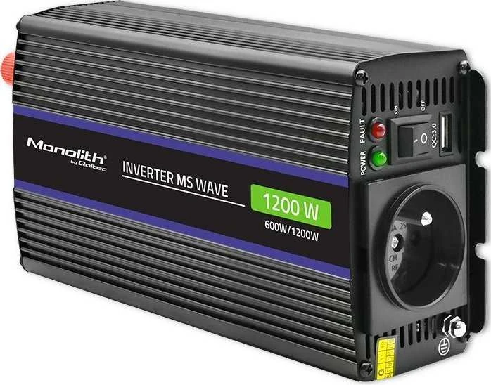 QOLTEC 51925 Monolitinis įtampos keitiklis 1200 MS Wave / 12V iki 230V / 600/1200W / USB